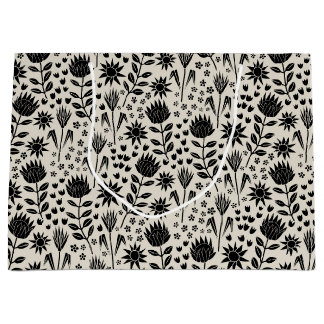 Protea Floral Block Print Millefleur black linen Large Gift Bag