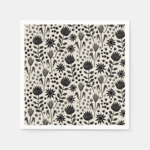 Protea Floral Block Print Millefleur black linen Napkin