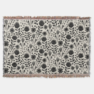 Protea Floral Block Print Millefleur black linen Throw Blanket