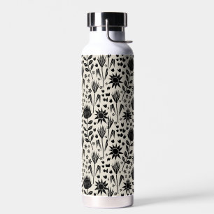 Protea Floral Block Print Millefleur black linen Water Bottle