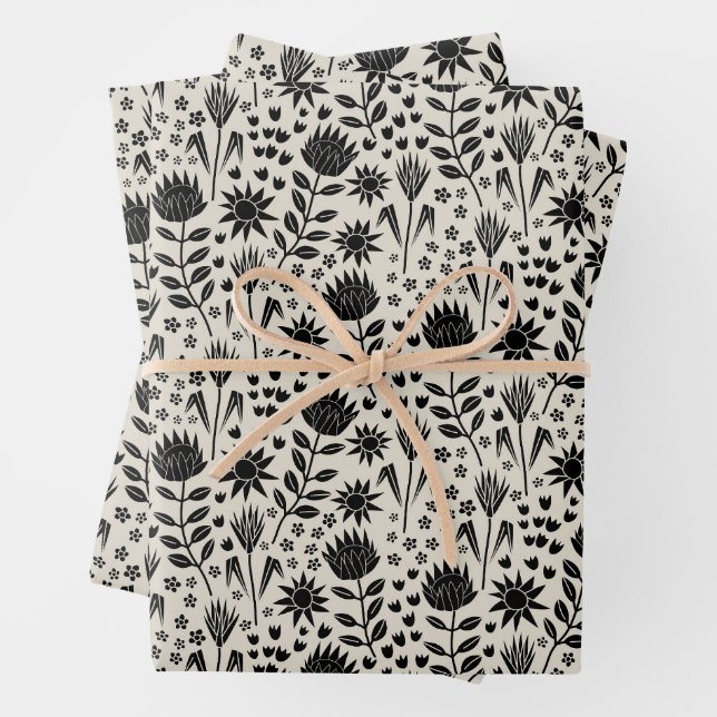 Protea Floral Block Print Millefleur black linen Wrapping Paper Sheet (In situ)