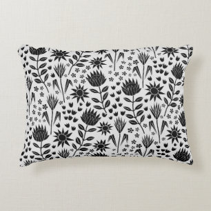 Protea Floral Block Print Millefleur black white Accent Pillow