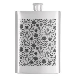 Protea Floral Block Print Millefleur black white Hip Flask
