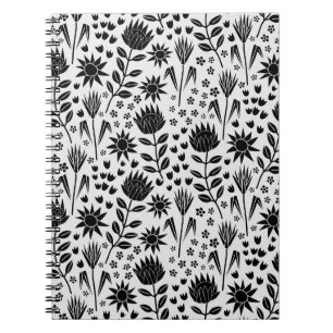 Protea Floral Block Print Millefleur black white Notebook