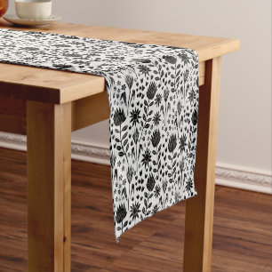 Protea Floral Block Print Millefleur black white Short Table Runner