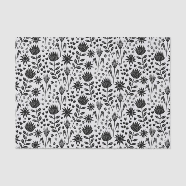 Protea Floral Block Print Millefleur black white Tissue Paper (Front)