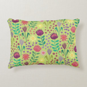 Protea Floral Block Print Millefleur cheery green Accent Pillow
