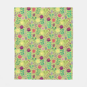 Protea Floral Block Print Millefleur cheery green Fleece Blanket