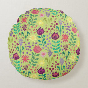 Protea Floral Block Print Millefleur cheery green Round Pillow