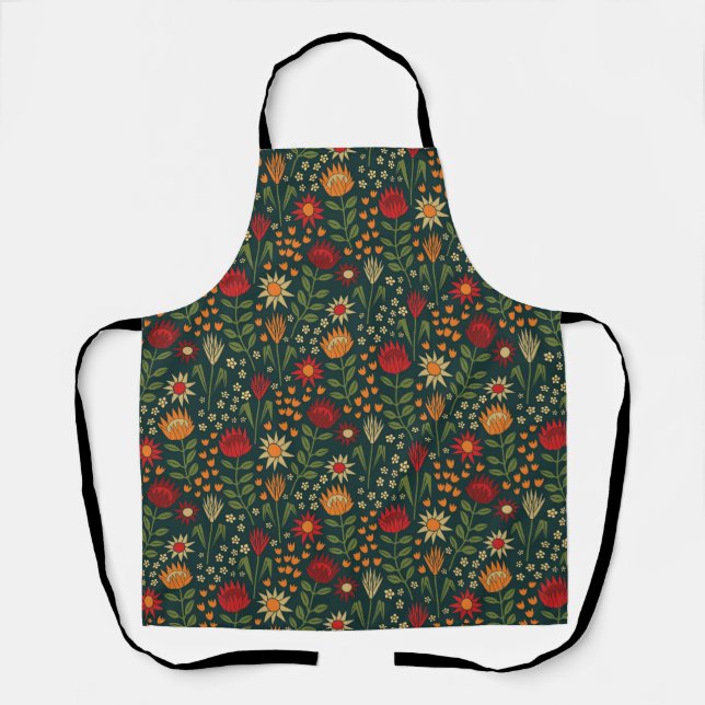 Protea Floral Block Print Millefleur darks Apron (Front)