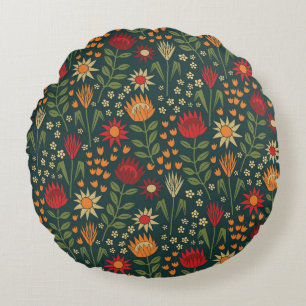 Protea Floral Block Print Millefleur darks Round Pillow