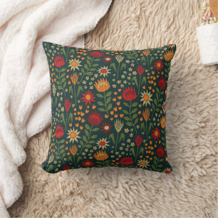 Protea Floral Block Print Millefleur darks Throw Pillow
