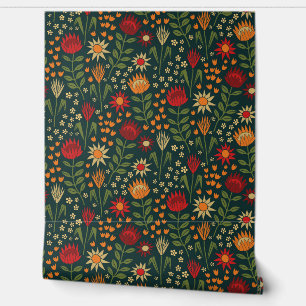 Protea Floral Block Print Millefleur darks Wallpaper