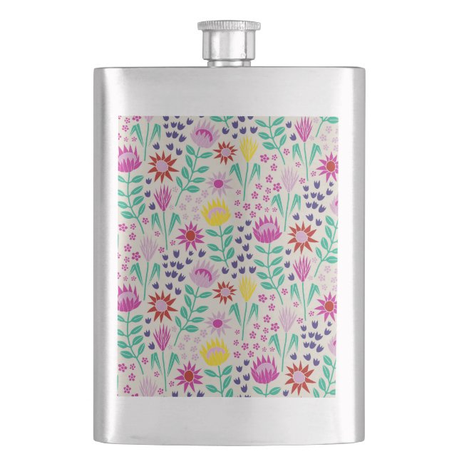 Protea Floral Block Print Millefleur lights Hip Flask (Front)