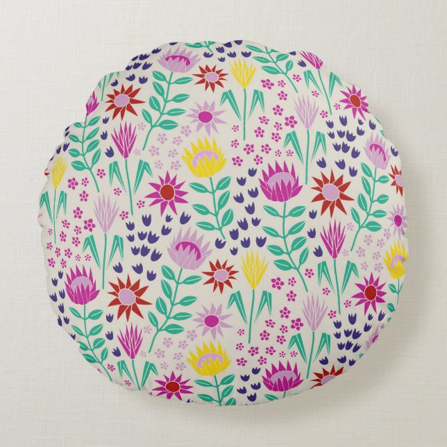 Protea Floral Block Print Millefleur lights Round Pillow (Front)