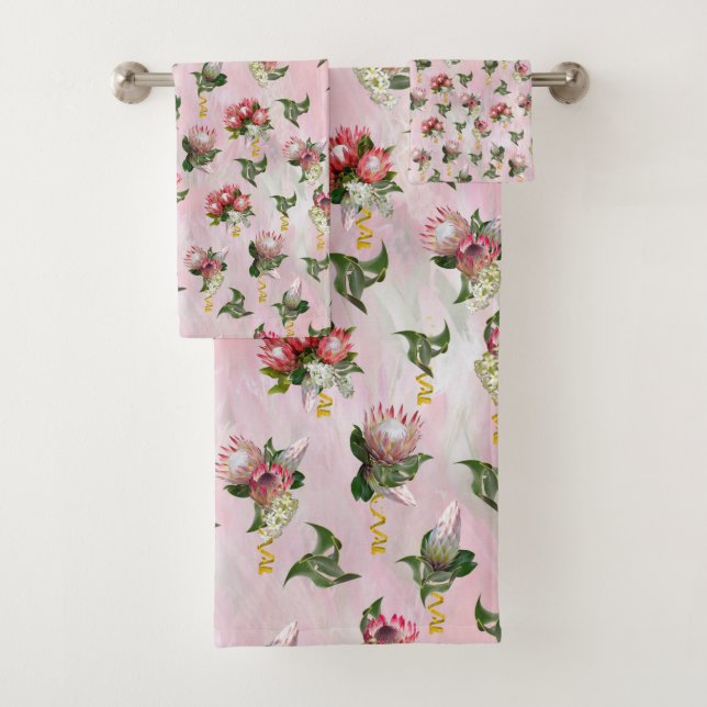 Protea flower bouquets with sage leaves bath towel set (Insitu)