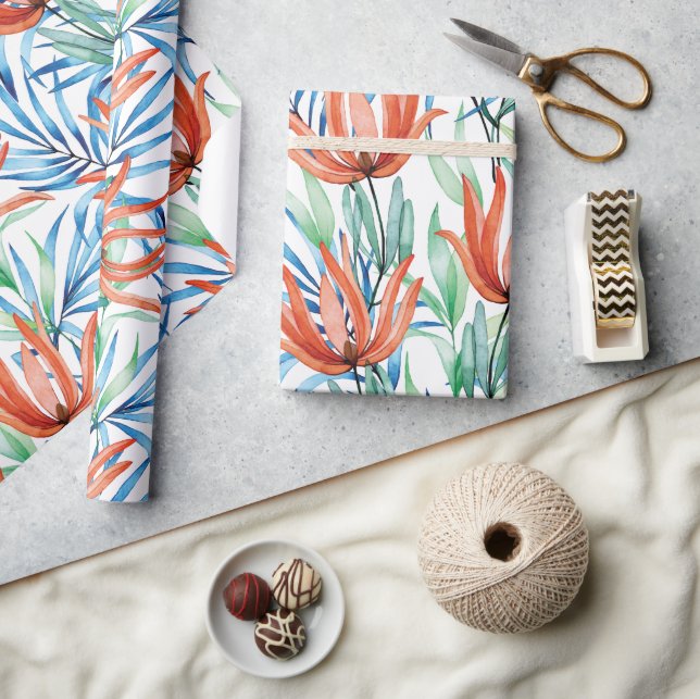 Protea flowers and palm leaves tropical pattern wrapping paper (Crafts)