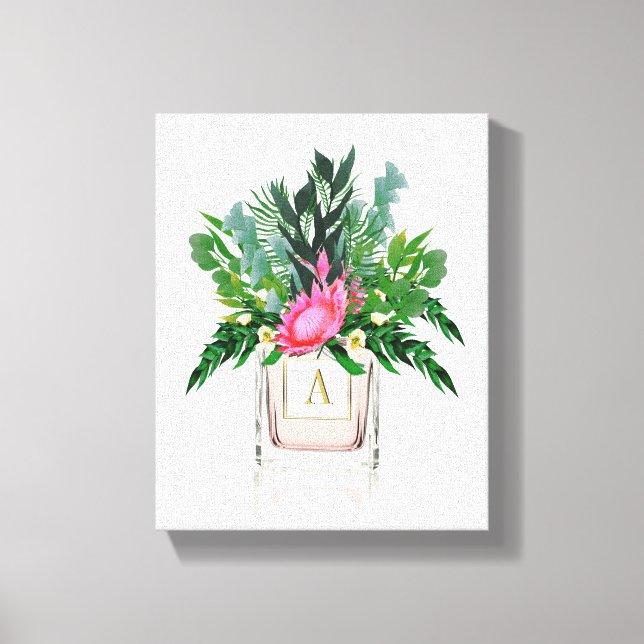 Protea Flowers Elegant Monogram Perfume Bottle Canvas Print (Front)