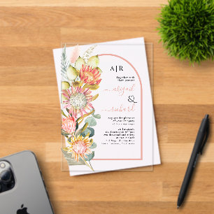 Protea flowers pampas grass and eucalyprus wedding acrylic invitations