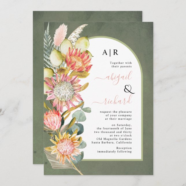Protea flowers pampas grass green wedding invitation (Front/Back)