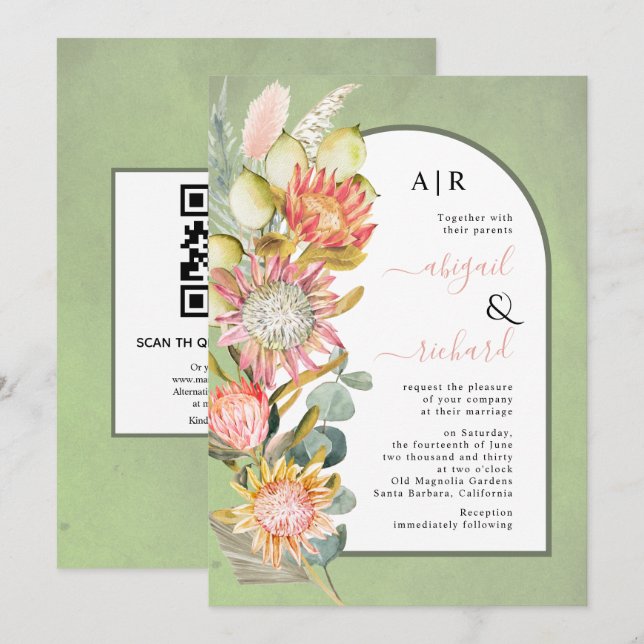Protea flowers QR code RSVP green arch wedding Invitation (Front/Back)