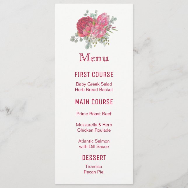 Protea Flowers Watercolor Flower Menus (Front)