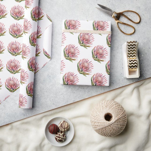 Protea sugarbush flower watercolor African plant Wrapping Paper (Crafts)