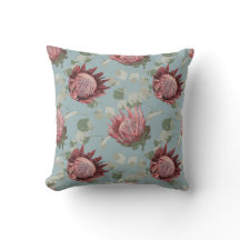 Protea vert et rose sur le Coussin bleu français