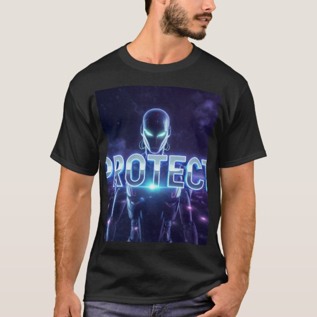 PROTECT - Cyberpunk Android Guardian Cybersecurity T-Shirt (Front)