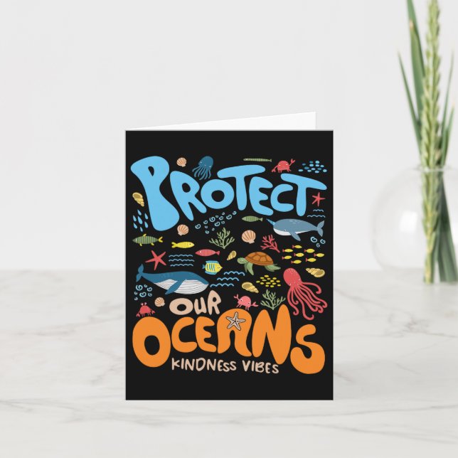 Protect Our Ocean Be Kind Shark Turtle Retro Earth Card (Front)