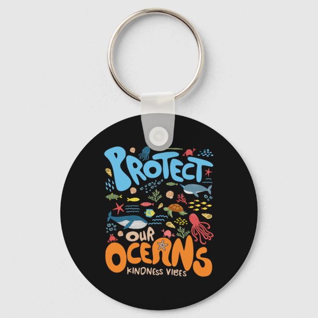 Protect Our Ocean Be Kind Shark Turtle Retro Earth Keychain (Front)