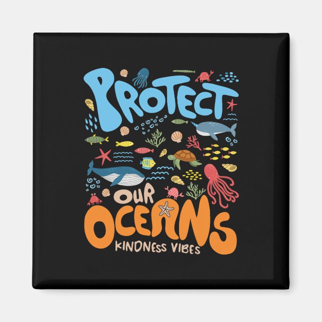 Protect Our Ocean Be Kind Shark Turtle Retro Earth Magnet (Front)
