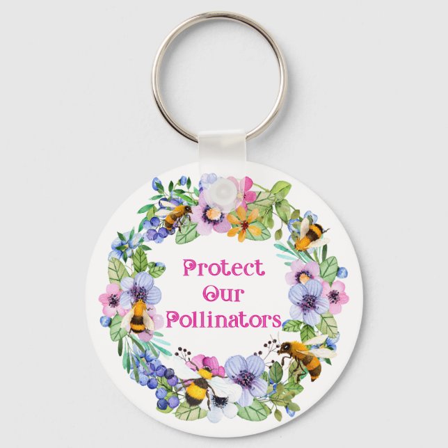 Protect Our Pollinators Bees Flowers Keychain (Front)