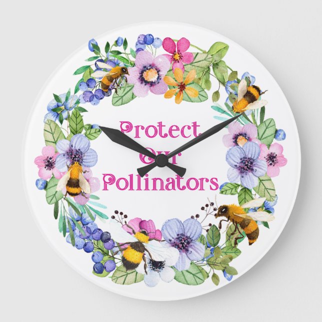 Protect Our Pollinators Bees Flowers Large Clock (Front)