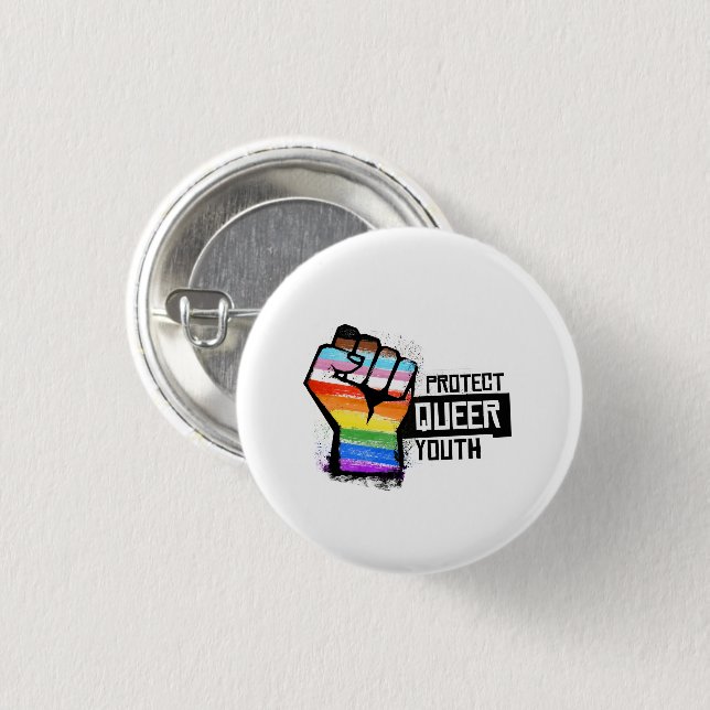 Protect Queer Youth - Progress Pride Fist 1 Inch Round Button (Front & Back)