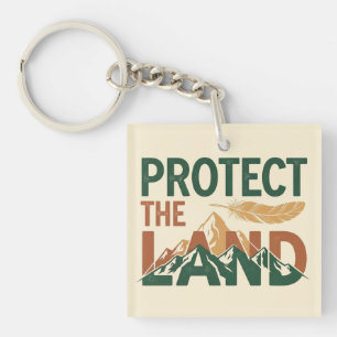 "Protect the Land" Mountains with Feather  Keychain