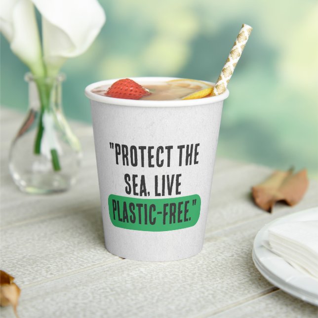 "Protect the Sea, Live Plastic-Free" Typography Paper Cups (Insitu)