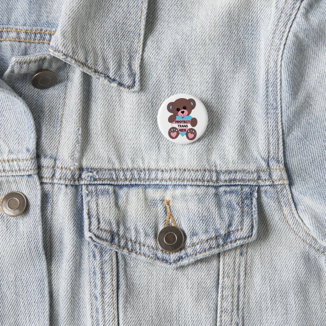 Protect Trans Kids Pride Flag Teddy Bear 1 Inch Round Button (In Situ)