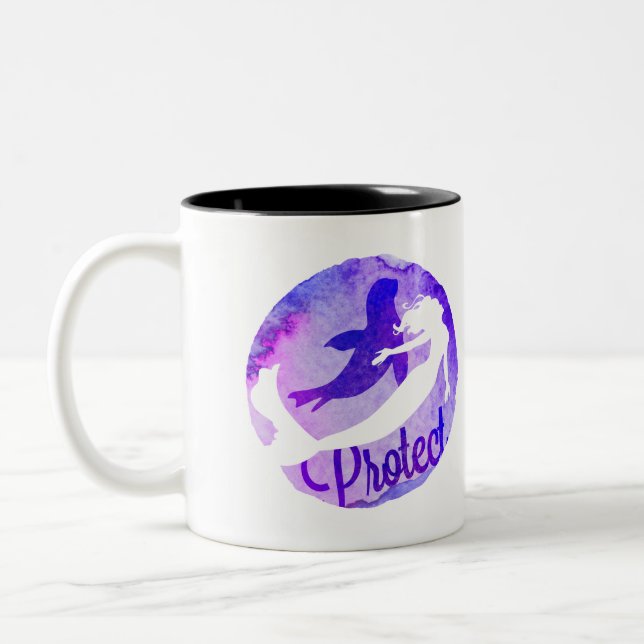 “Protect” with Mermaid and Harbour Seal Two-Tone Coffee Mug (Left)