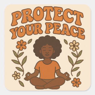 Protect Your Peace – Retro Meditative Woman Art Square Sticker