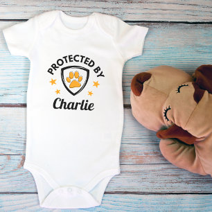 "Protected By" Custom Dog Name Cute Baby Bodysuit