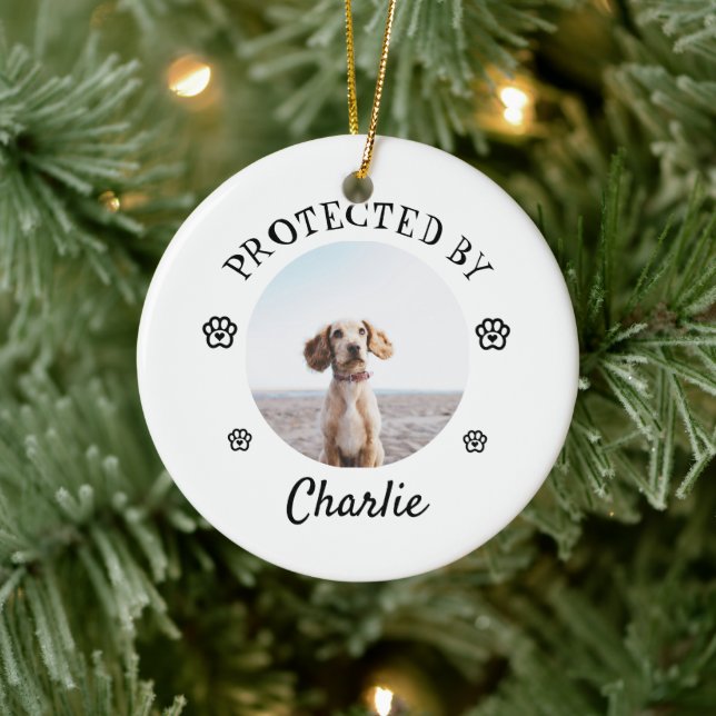 Protected By Dog Photo Paw Print Design Ceramic Ornament (Tree)