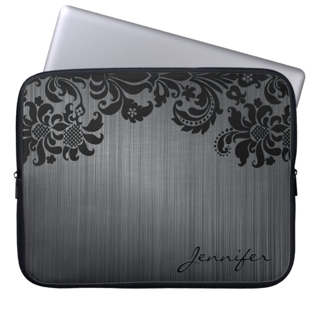 Protection Pour Ordinateur Portable Aluminium brossé en métal noir et Damas florales (Devant)