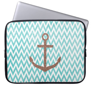 Protection Pour Ordinateur Portable Ancre Parties scintillant Aqua et White Chevron