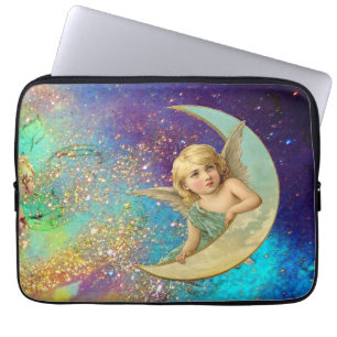 PROTECTION POUR ORDINATEUR PORTABLE ANGEL LUNE EN PARKLES JAUNES BLEU