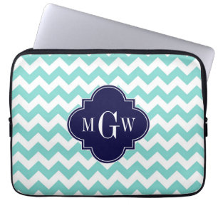 Protection Pour Ordinateur Portable Aqua White Chevron Navy Blue Quatrefoil 3 Monogram