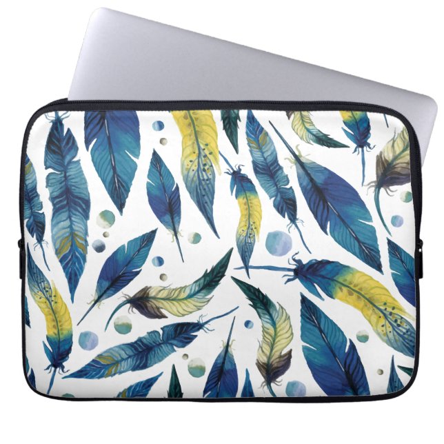 Protection Pour Ordinateur Portable Aquarelle bleu oiseaux plumes motif (Devant)