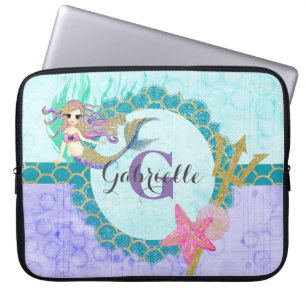 Protection Pour Ordinateur Portable Aquarelle mignonne de sirène Monogramme Turquoise 
