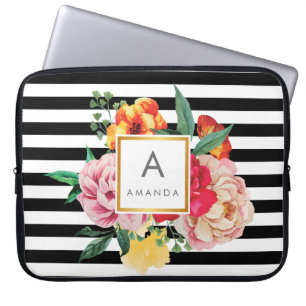 Protection Pour Ordinateur Portable Bandes noires et blanches Aquarelle Fleurs de pivo