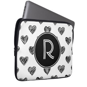 Protection Pour Ordinateur Portable Black Hearts Doodles Monogram Portable Sleeve